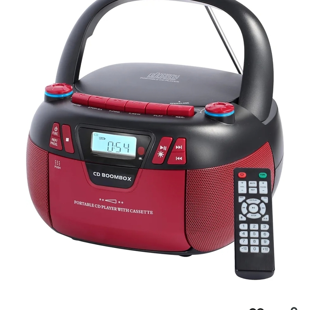 Red Portable Bluetooth Aux CD Boombox with Cassette and Remote